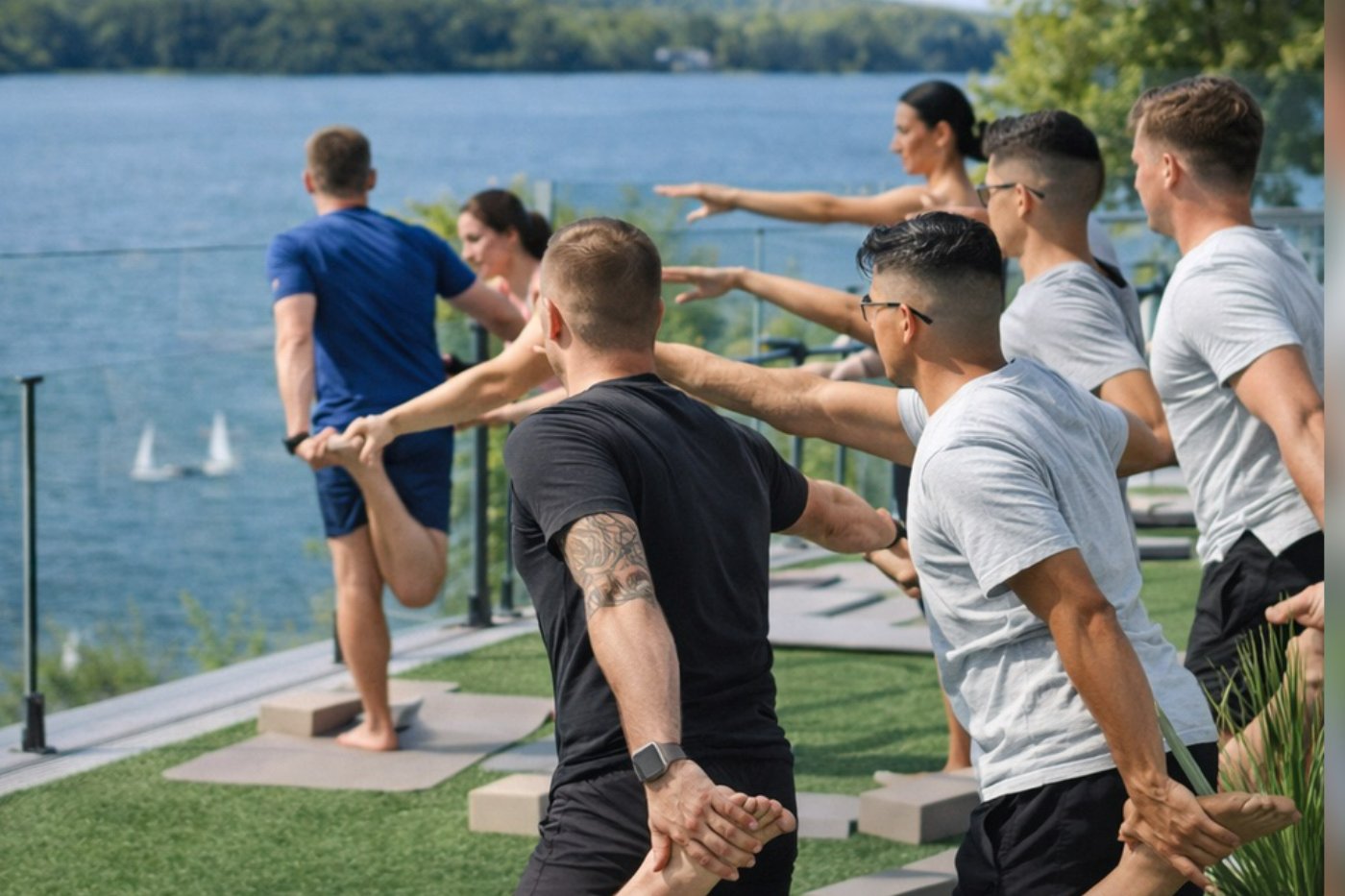 Séance de yoga en groupe sur la Terrasse 180 face au lac des Sables