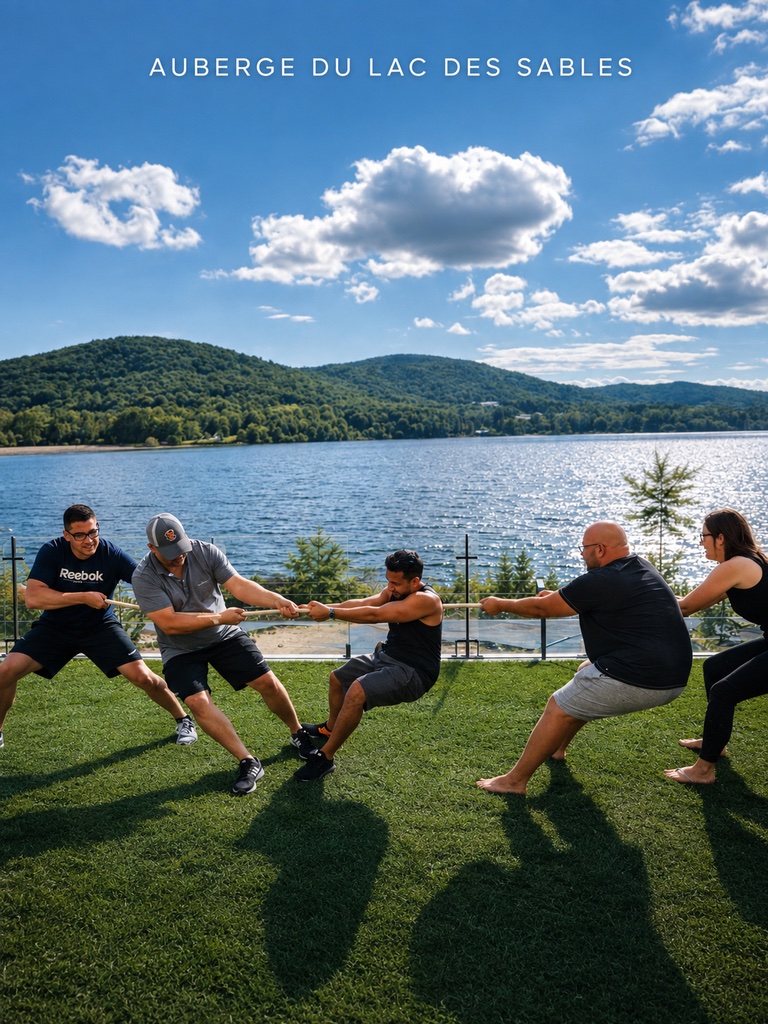 Activité de team building en tir à la corde au bord du lac des Sables, Laurentides
