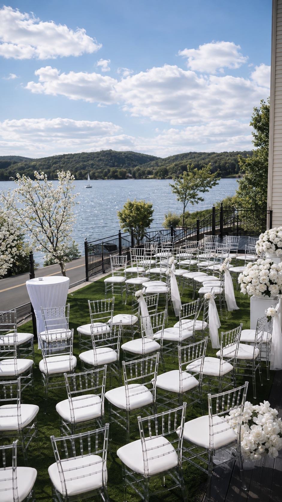 Cérémonie de mariage avec chaises face au lac